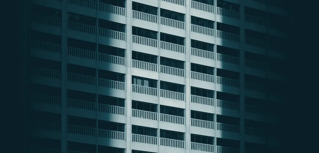 A building facade with a regular grid of windows