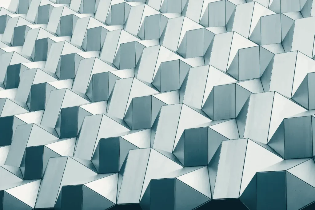 A geometric facade of repeating angled panels
